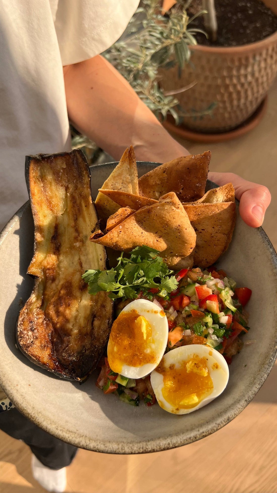 Sabich Bowl with Crispy Eggplant & Pita Chips