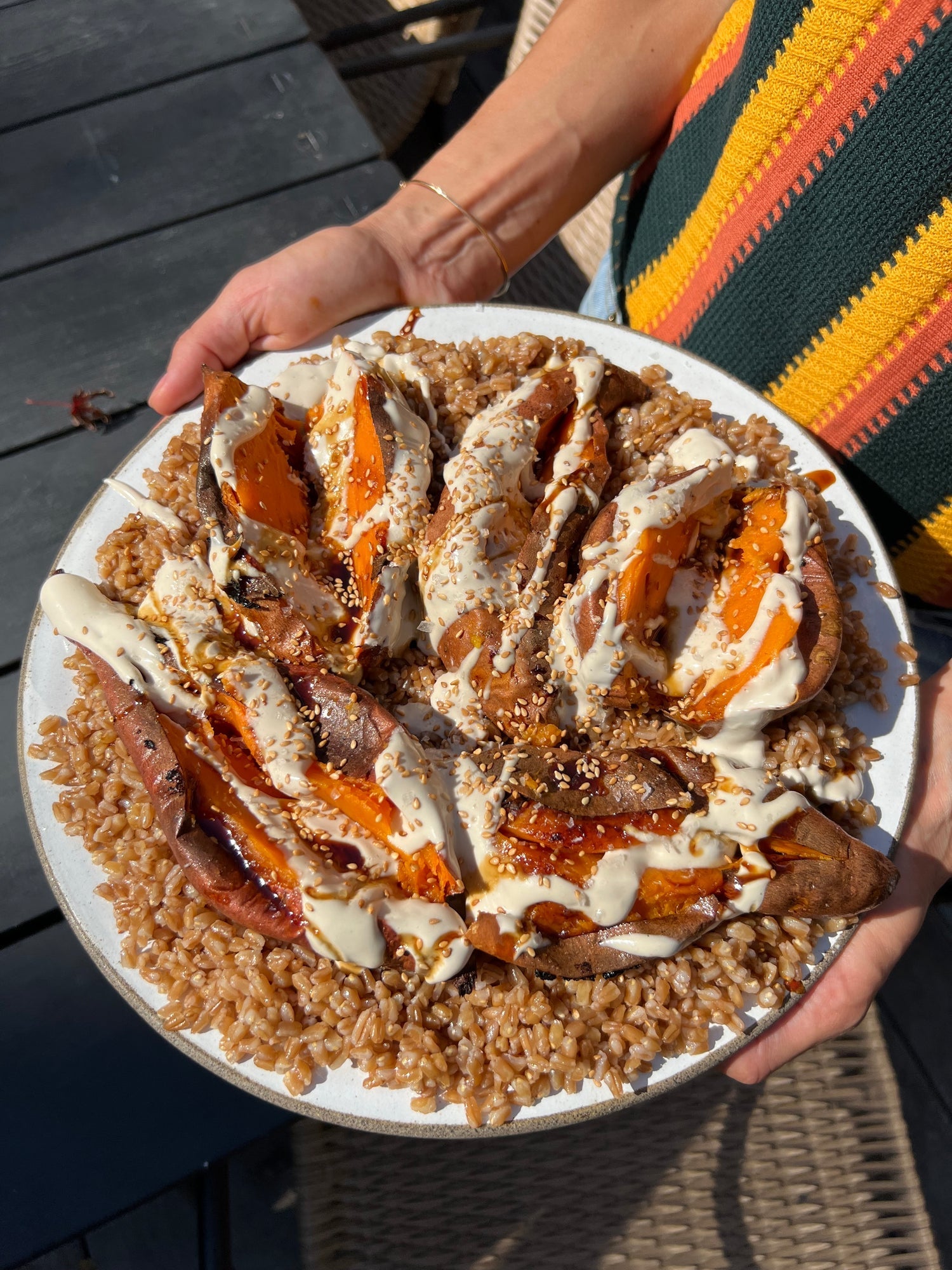 Tahini & Date Sweet potato with Buttery Farro – Eden Eats