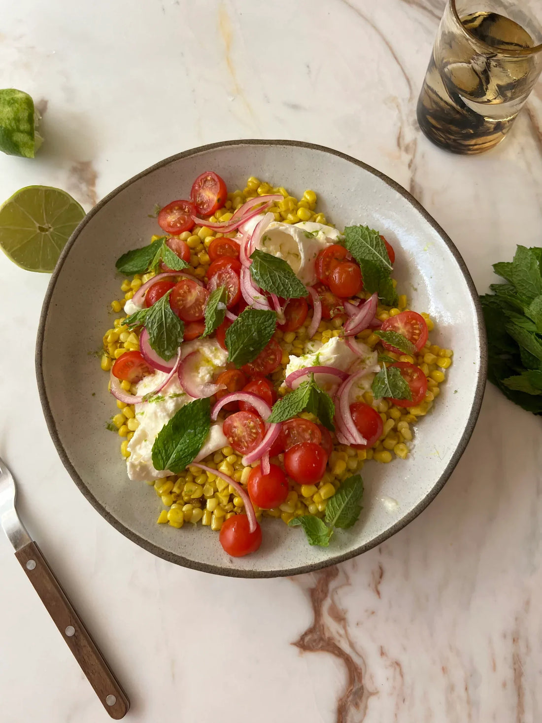 Turmeric Corn Salad with Burrata and Cherry Tomatoes