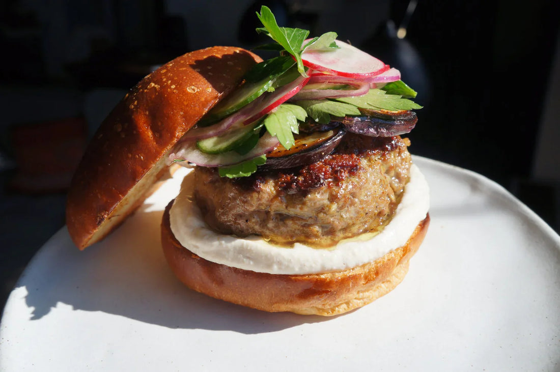 Shawarma Spiced Burger, Yogurt Tahini, Eggplant & A Radish Parsley Salad