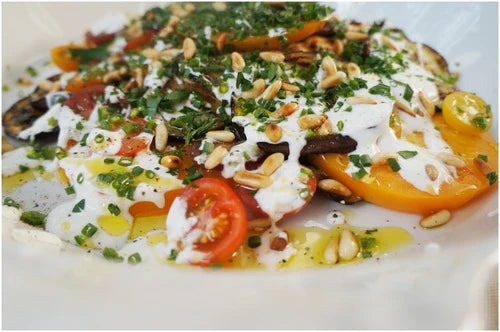 Tomato & Eggplant Salad With A Yogurt Dressing & Fresh Herbs