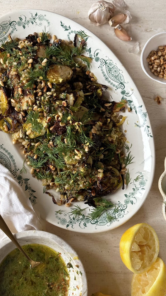 Roasted Brussels Salad with Lentils Dill and Pine Nuts