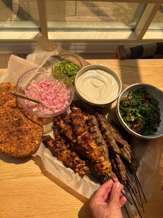 Kebab Party with a Cherry Herb Salad, Quick Pickled Shallots, and Chili Oil
