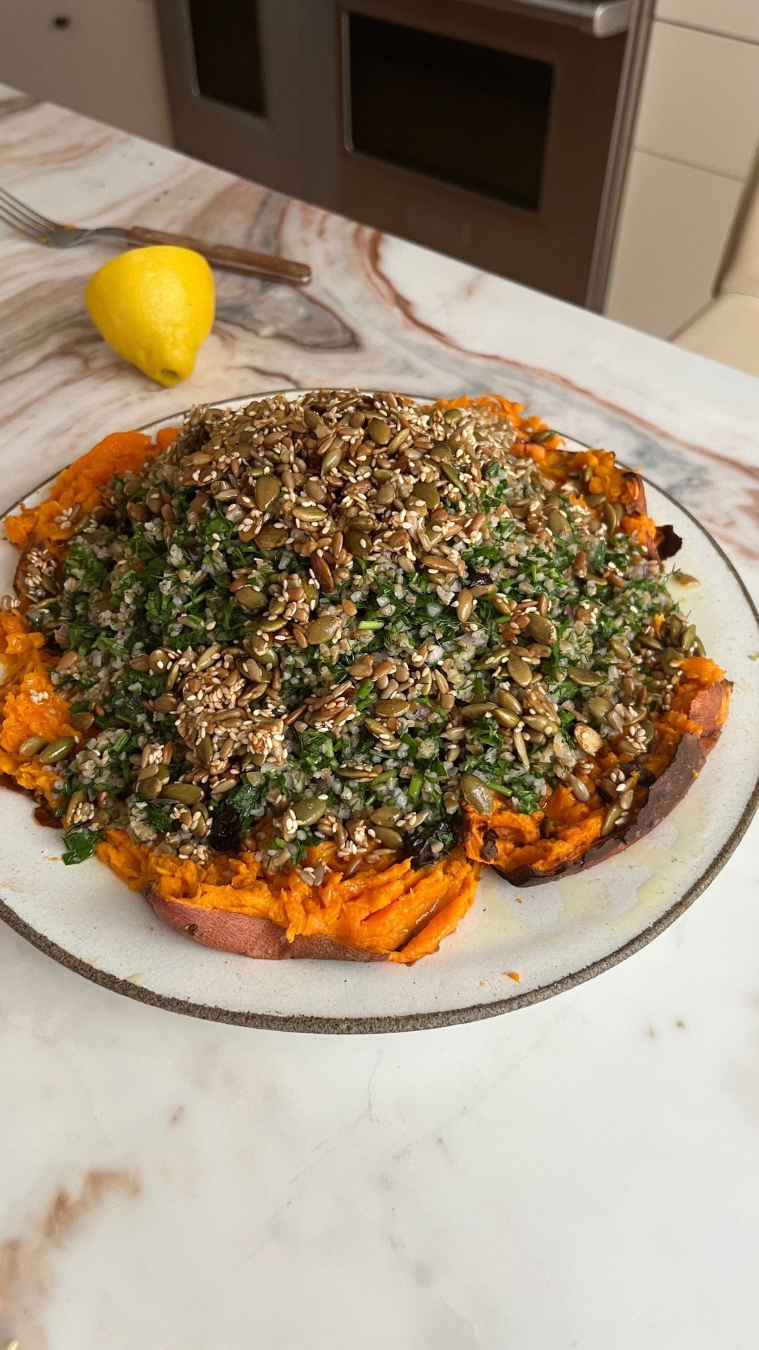 Roasted Sweet Potatoes with Herby Tabouli & Crunchy Seeds