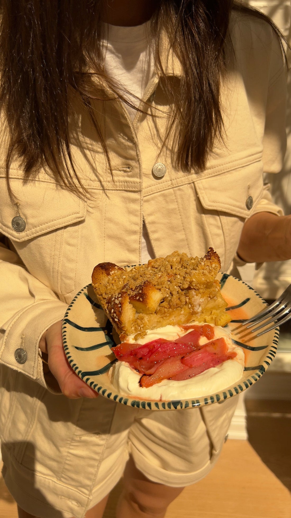 Sesame Crumb Challah French Toast Bake with Roasted Rhubarb & Cream