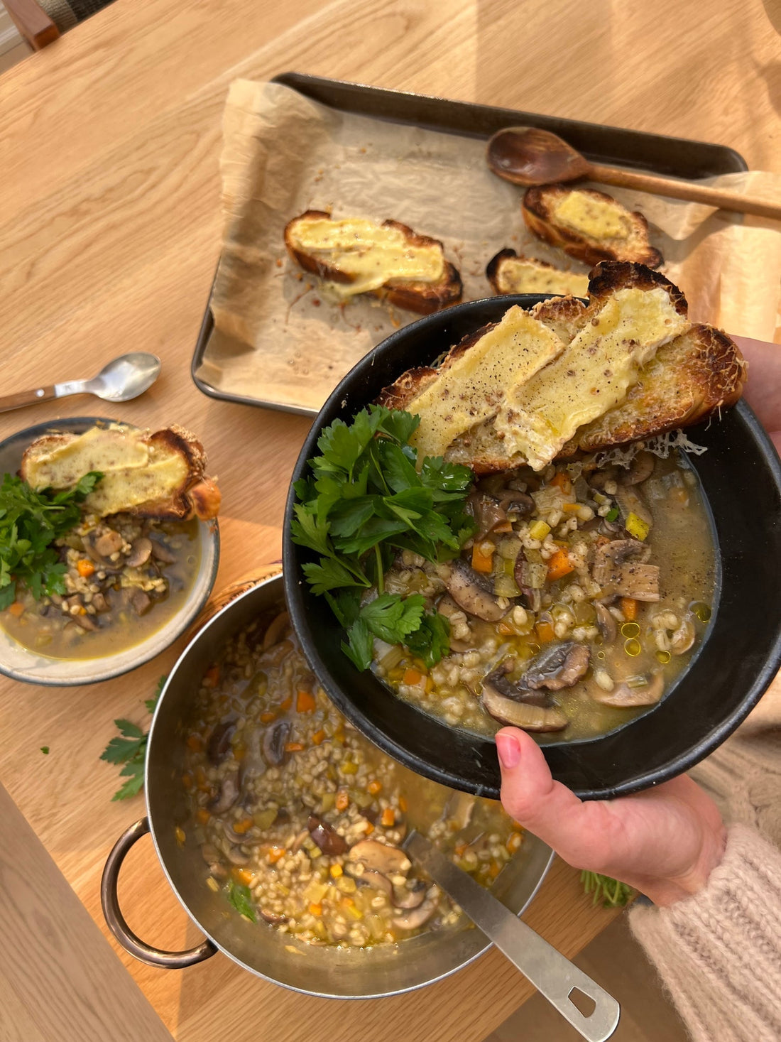 Mushroom Barley Soup with Coriander Cheese Toast