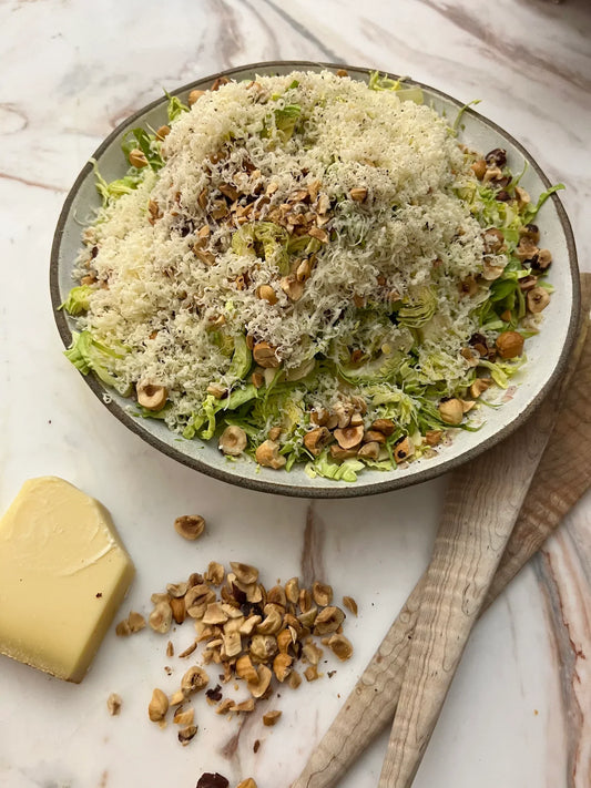 Shaved Brussels, Gruyere and Hazelnut Salad