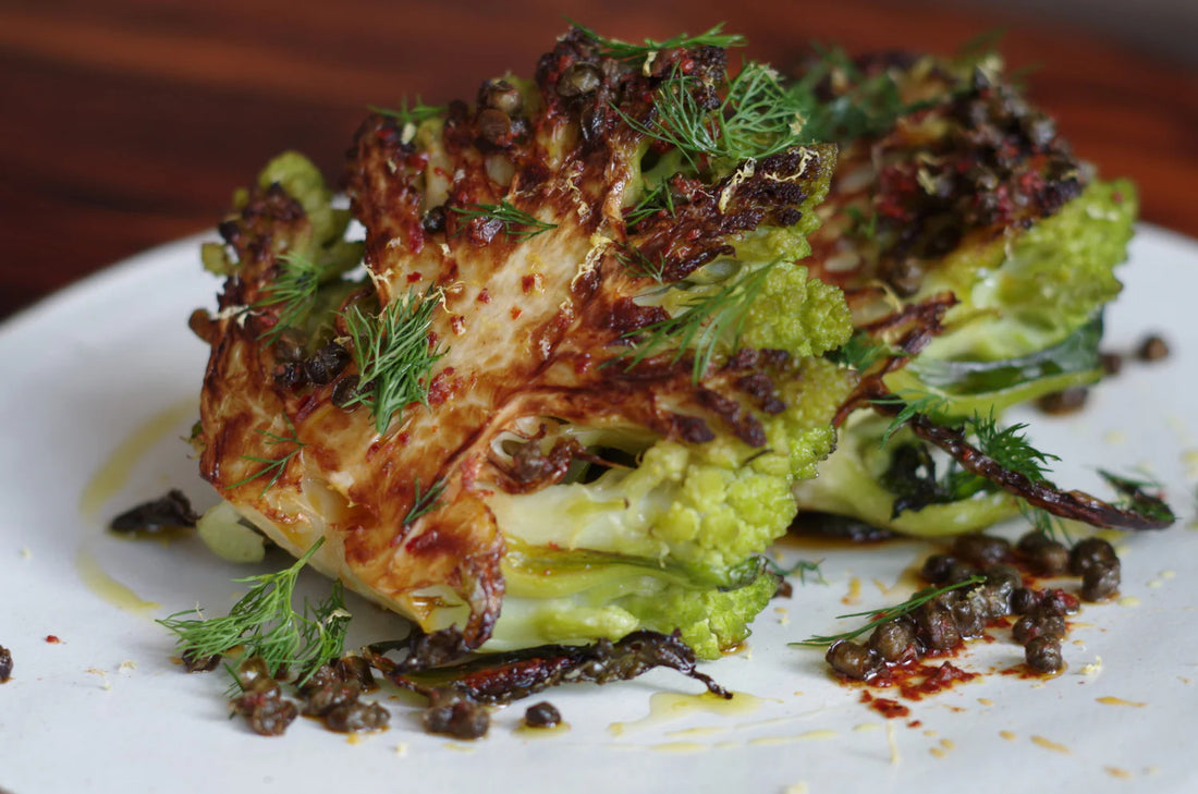 Roasted Head Of Romanseco With A Toasted Caper, Aleppo Pepper & Dill Vinaigrette