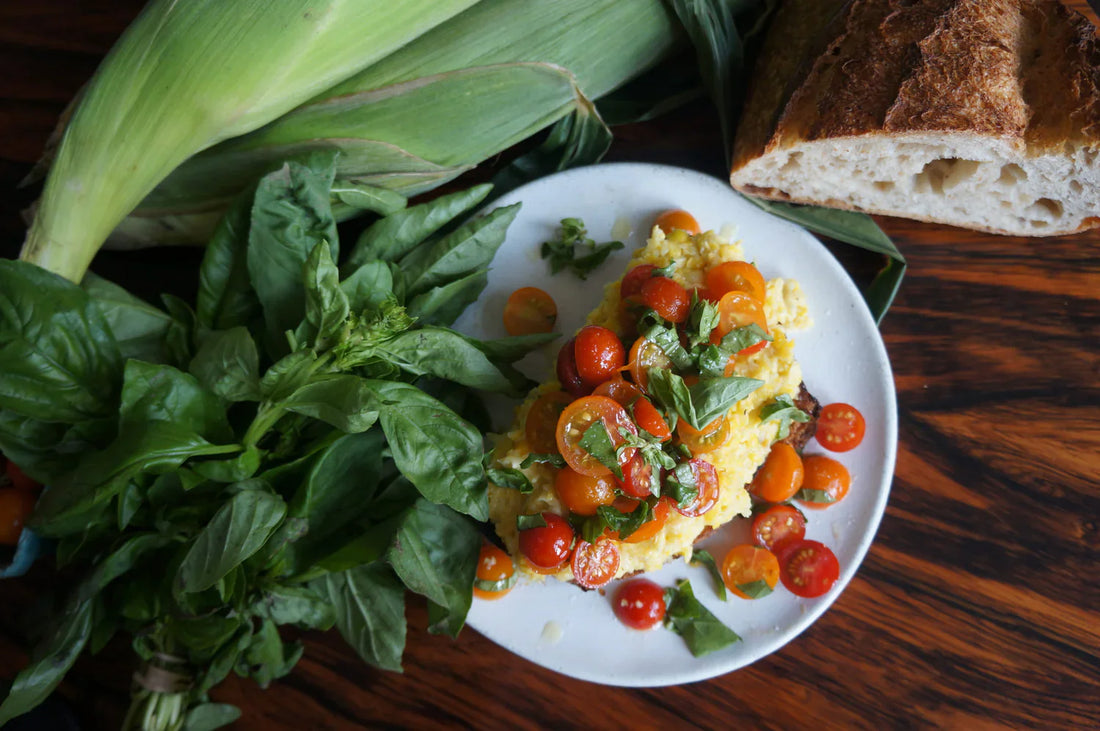 Corn toast with fresh cherry tomatoes