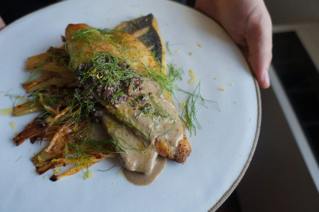 Aleppo Roasted Fennel With Pan Seared Sea Bass, Tapenade & Raw Tahini