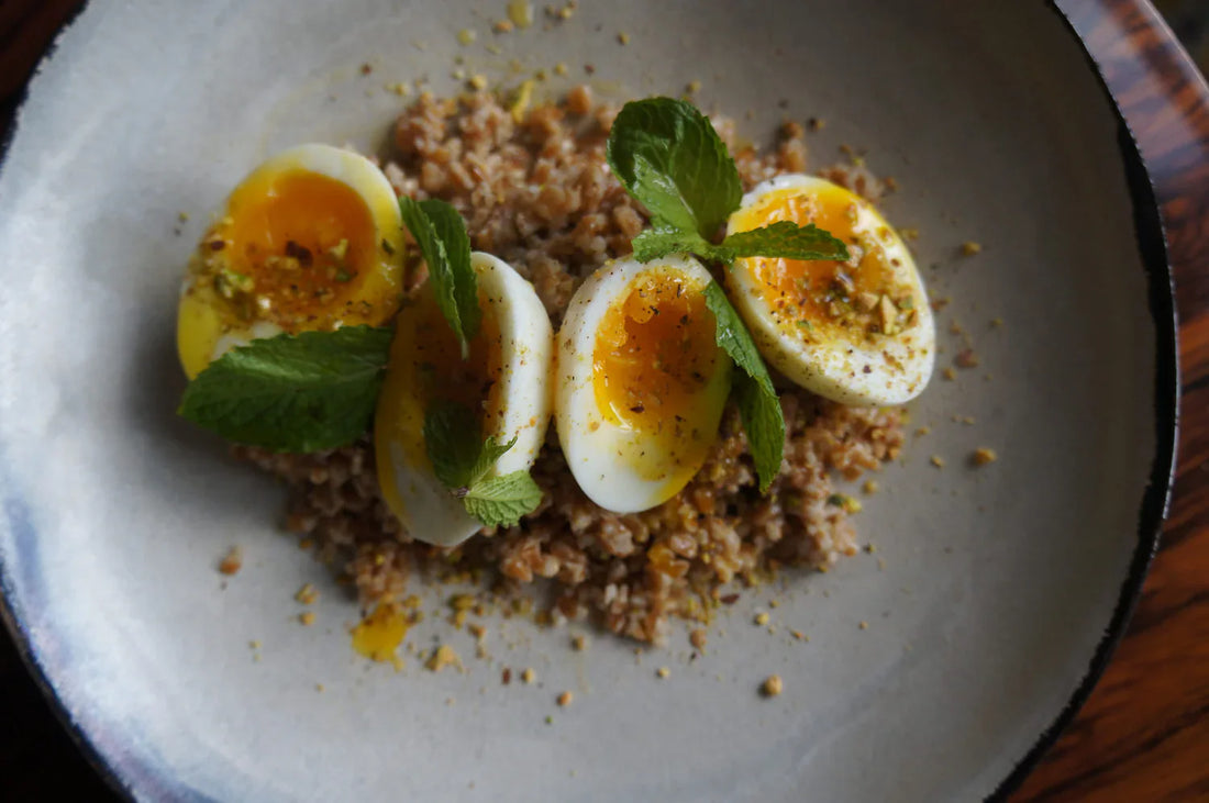 Preserved Lemon, Farro & Bulgar Salad With 6 Minute Eggs- Fresh Mint & Pistachio