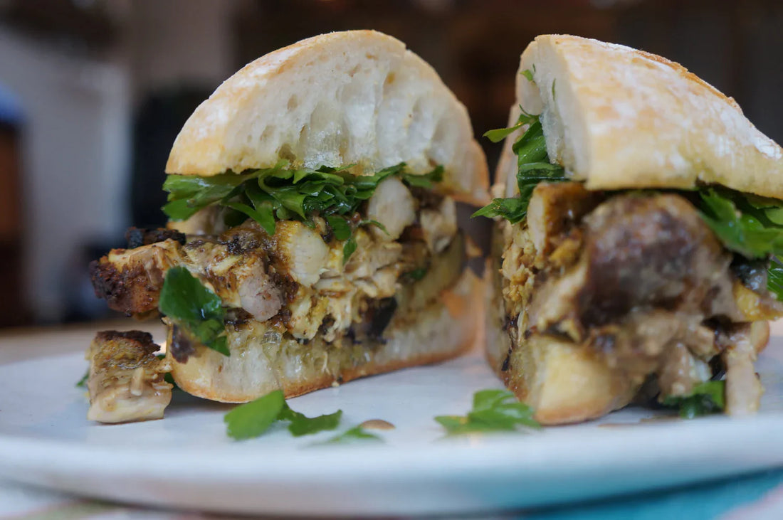 Chicken Shawarma Sandwich with Eggplant, Raw Tahini & Fresh Parsley