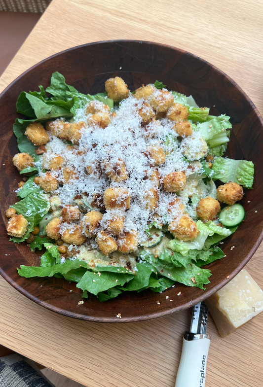 Crispy Tofu Schnitzel Bites with Tahini Caesar