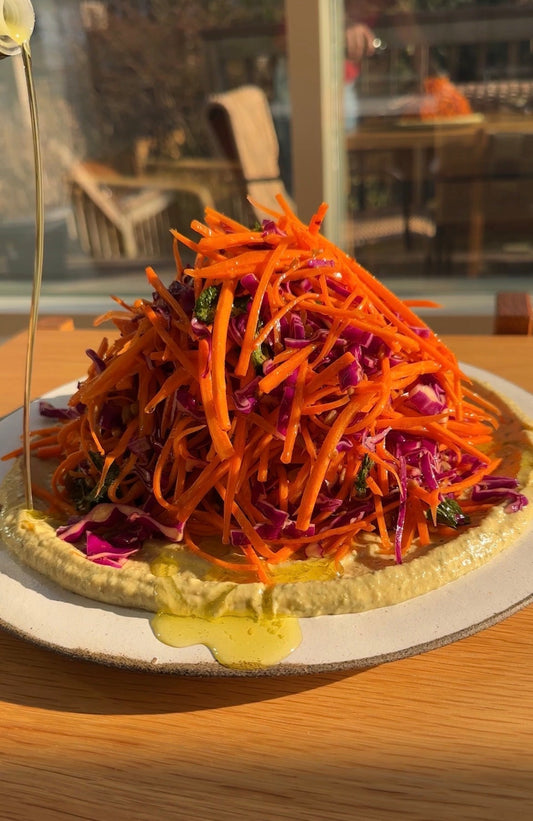 Carrot Cabbage Salad on Green Goddess Hummus