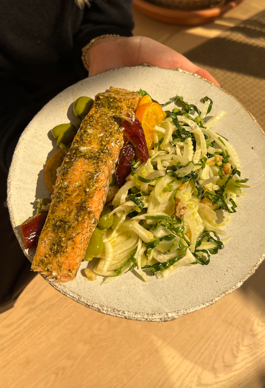 Skin-Glowing Za'atar Salmon with Citrus, Dates, and Olives 