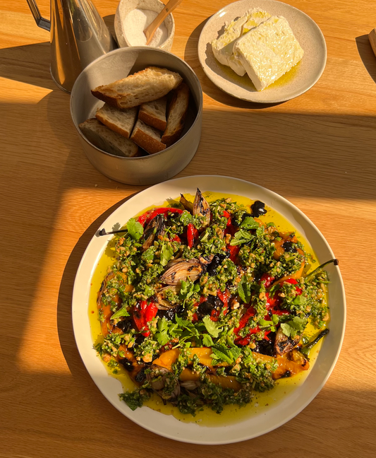 Charred Peppers and Shallots with Walnut Herb Gremolata
