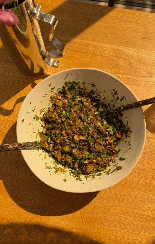 leftover rice salad with herbs, lemon, and honey