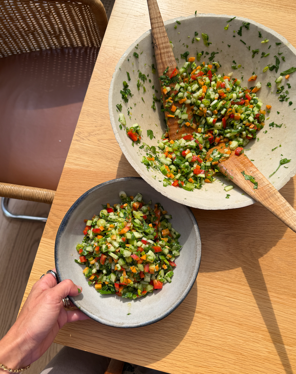 leftover veg chopped salad with jammy eggs and garlicky tahini