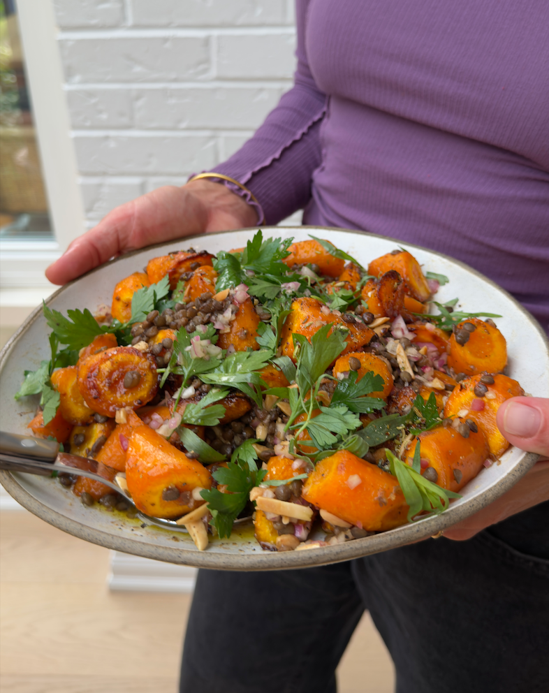 maple spiced lentil carrots with shallot vinaigrette