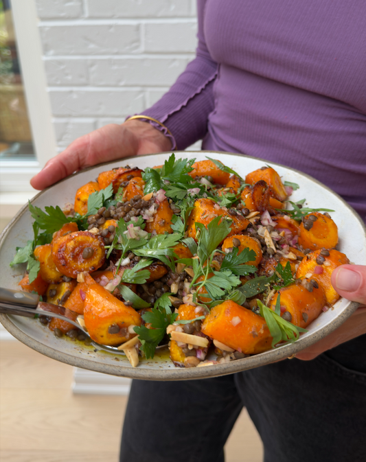 maple spiced lentil carrots with shallot vinaigrette