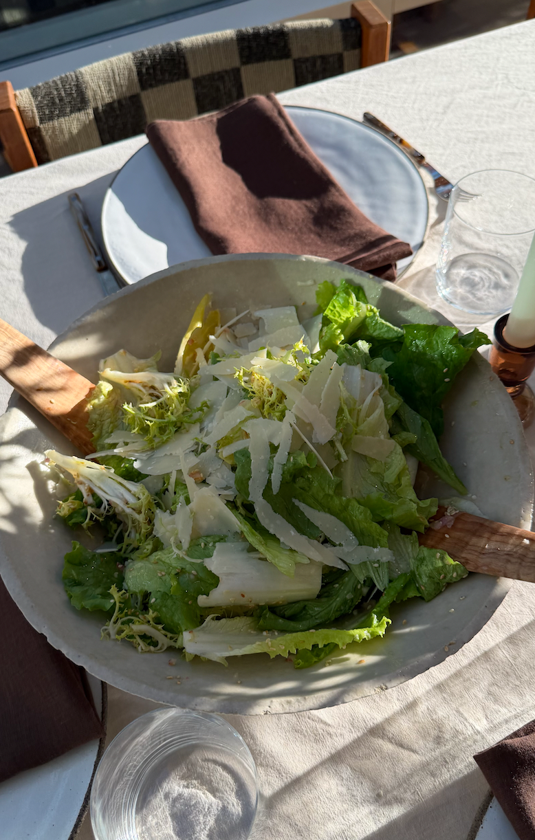 Crunchy leafy green salad with sesame shallot vinaigrette