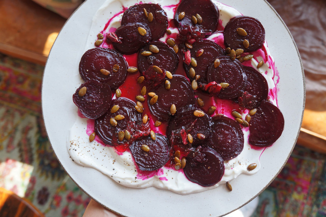 Cardamom Candied Beets with Toasted Pumpkin Seeds, Black Pepper & Yogurt