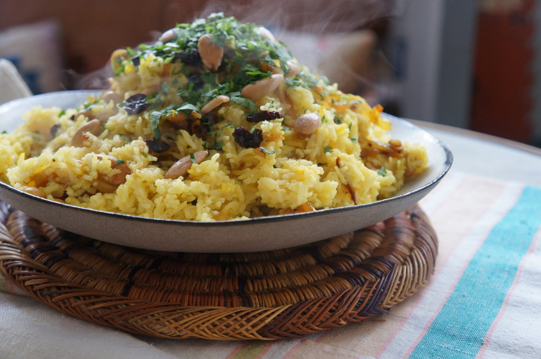 Saffron Rice with Sour Cherries, Roasted Almonds, Caramelized Onions & Fresh Parsley