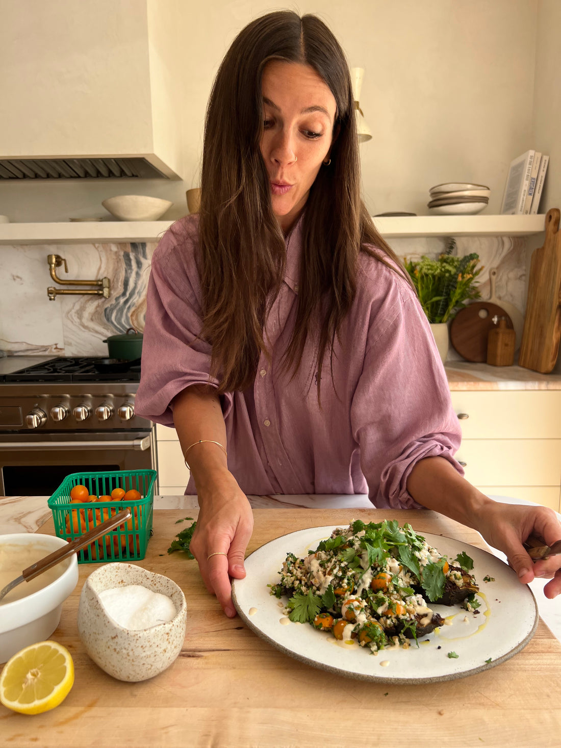 Harissa Eggplant with Sungold Tabouli and Garlicky Tahini