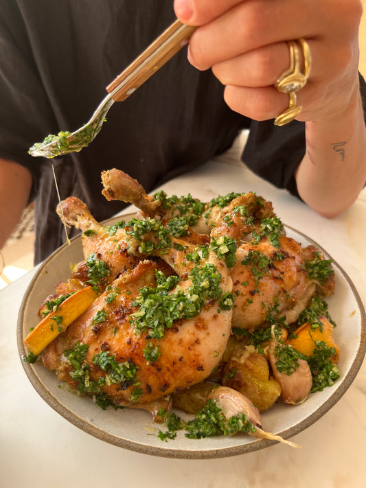 chicken and potatoes with a preserved lemon gremolata