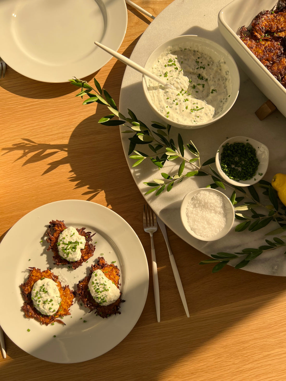Sweet Potato Latkes with Loaded Chive Sour Cream