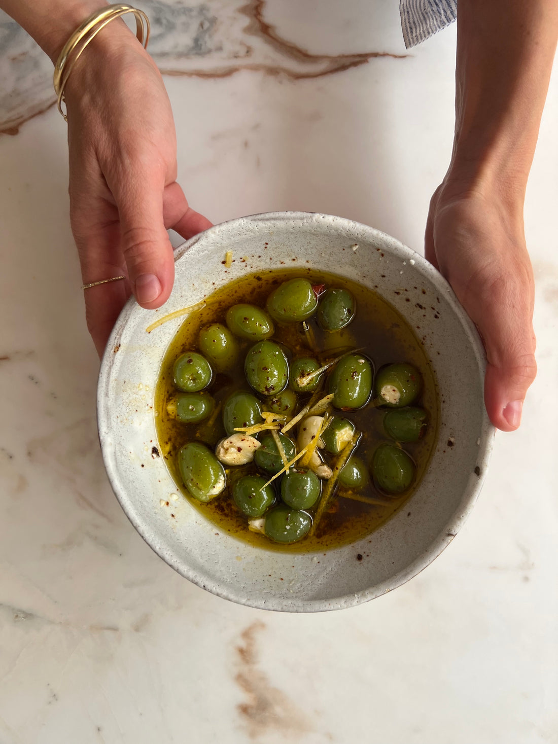 Lemon and Aleppo Marinated Olives with Feta and Almonds