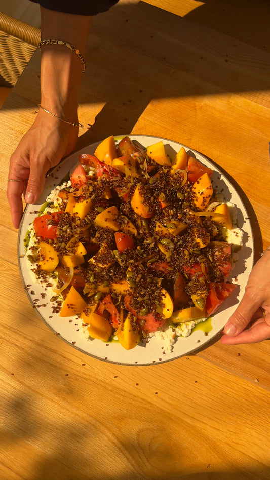 Tomato and Peaches Salad w/ Crispy Quinoa & Lemony Ricotta