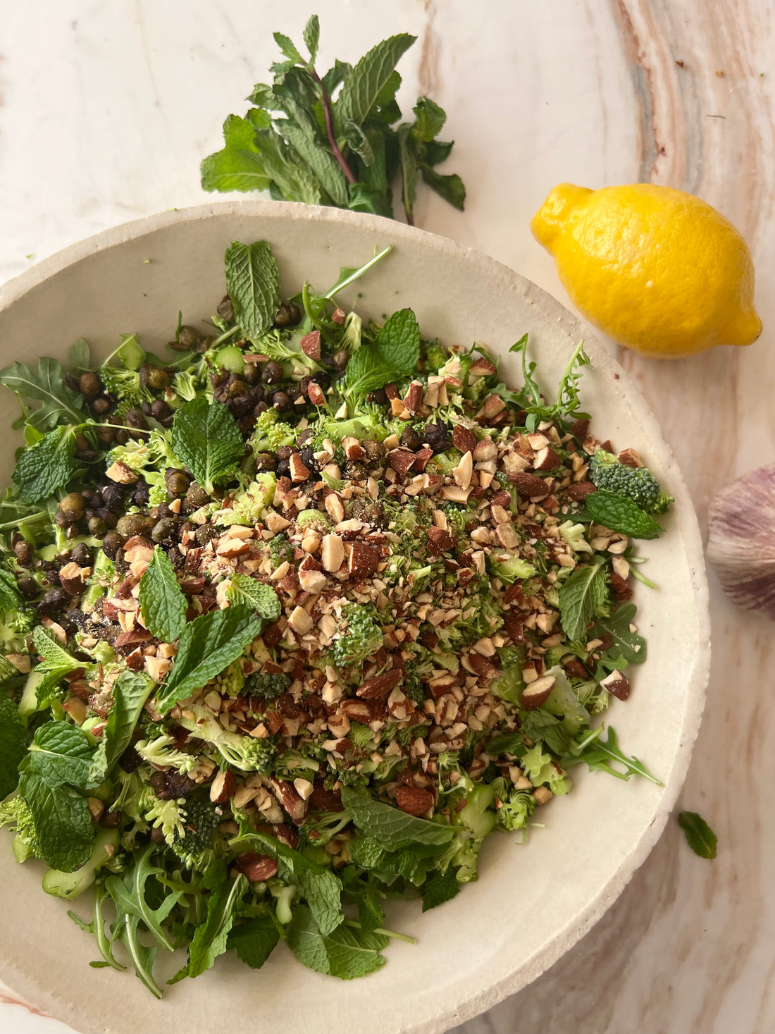 Green Goddess Broccoli Salad with Almonds, Capers and Mint