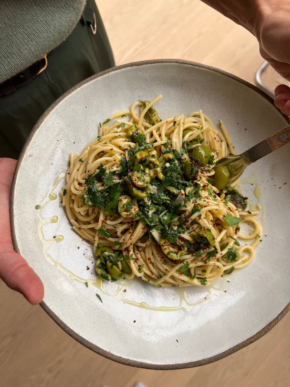 Green Olive Pasta with Chili, Lemon and lots of Parsley
