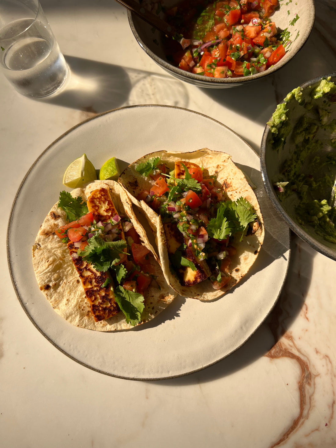 Honey and Chili Halloumi Tacos with Guac and Pico