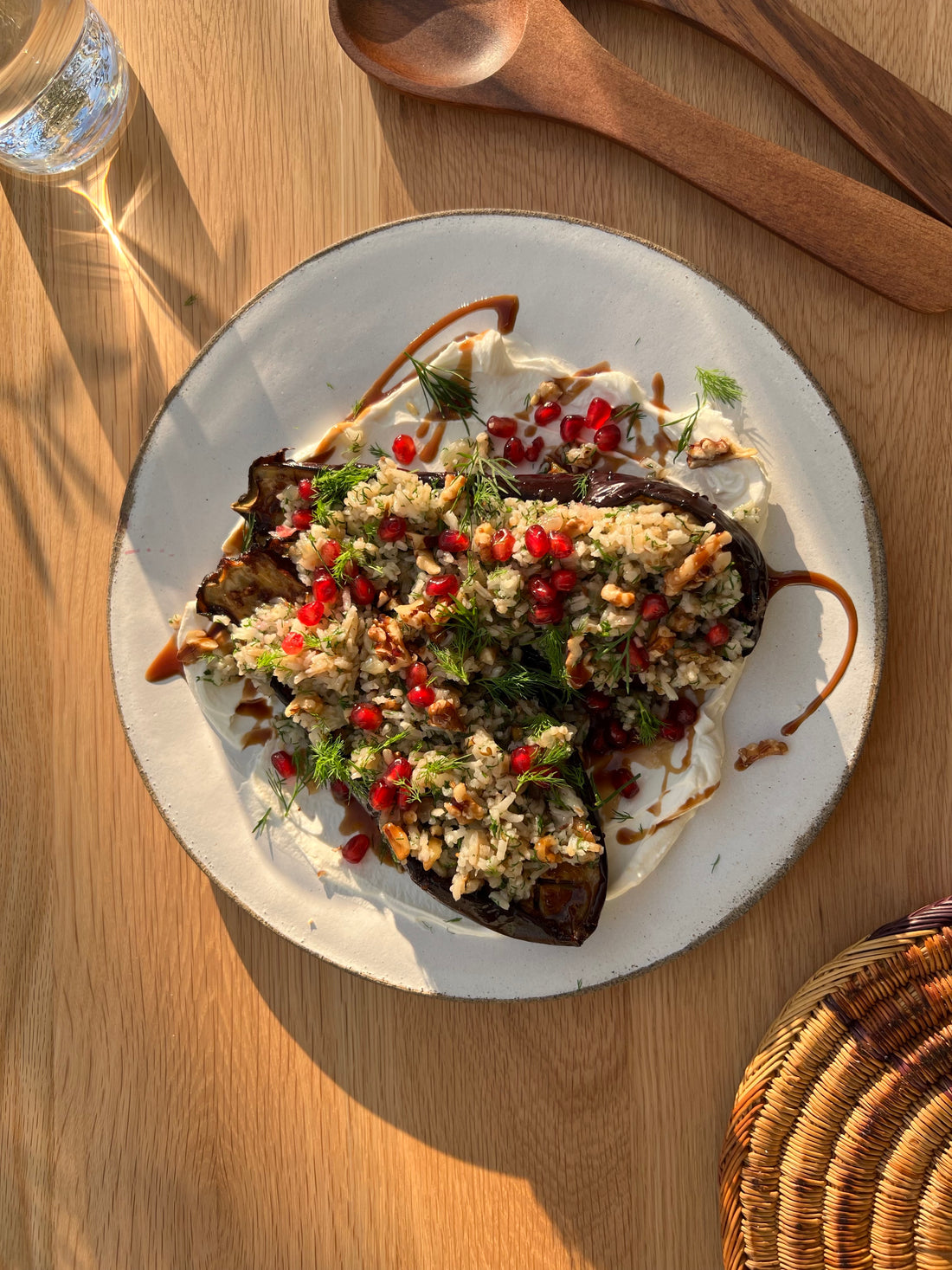 Pomegranate Molasses Roasted Eggplant with Walnut and Dill Rice