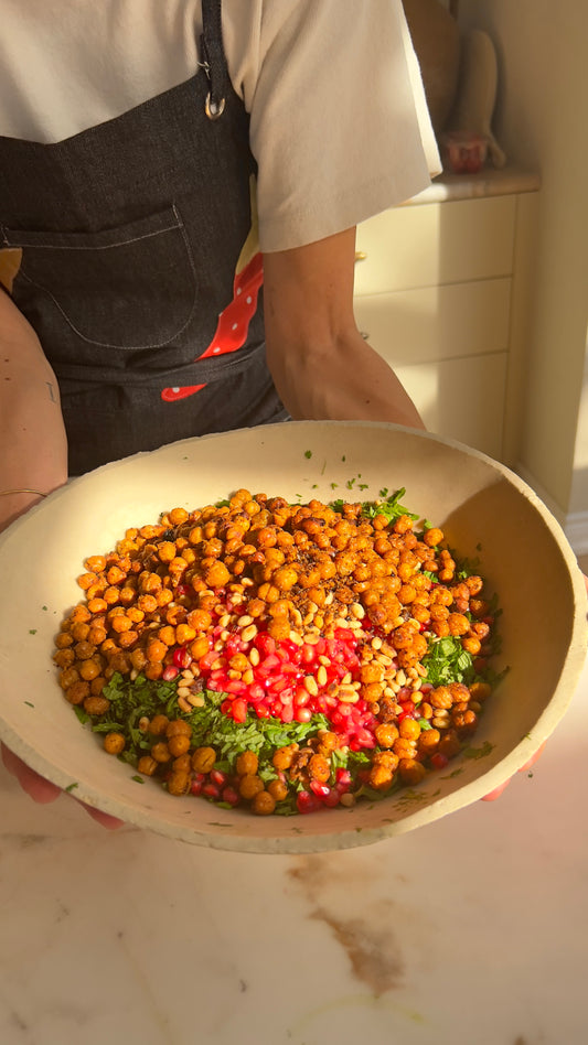 Herb Salad with Pomegranate, Pine Nuts, and Crispy Chickpeas