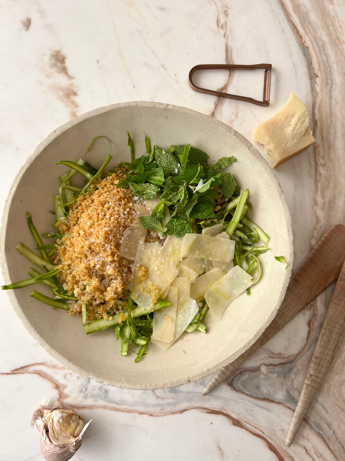 Shaved Asparagus Salad with Garlicky Bread Crumbs and Parm