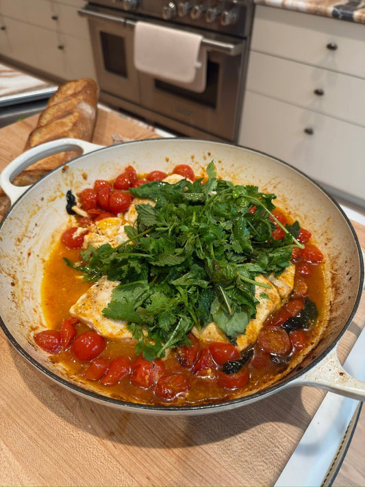 Halibut in a Fresh Cherry Tomato Sauce with All the Herbs