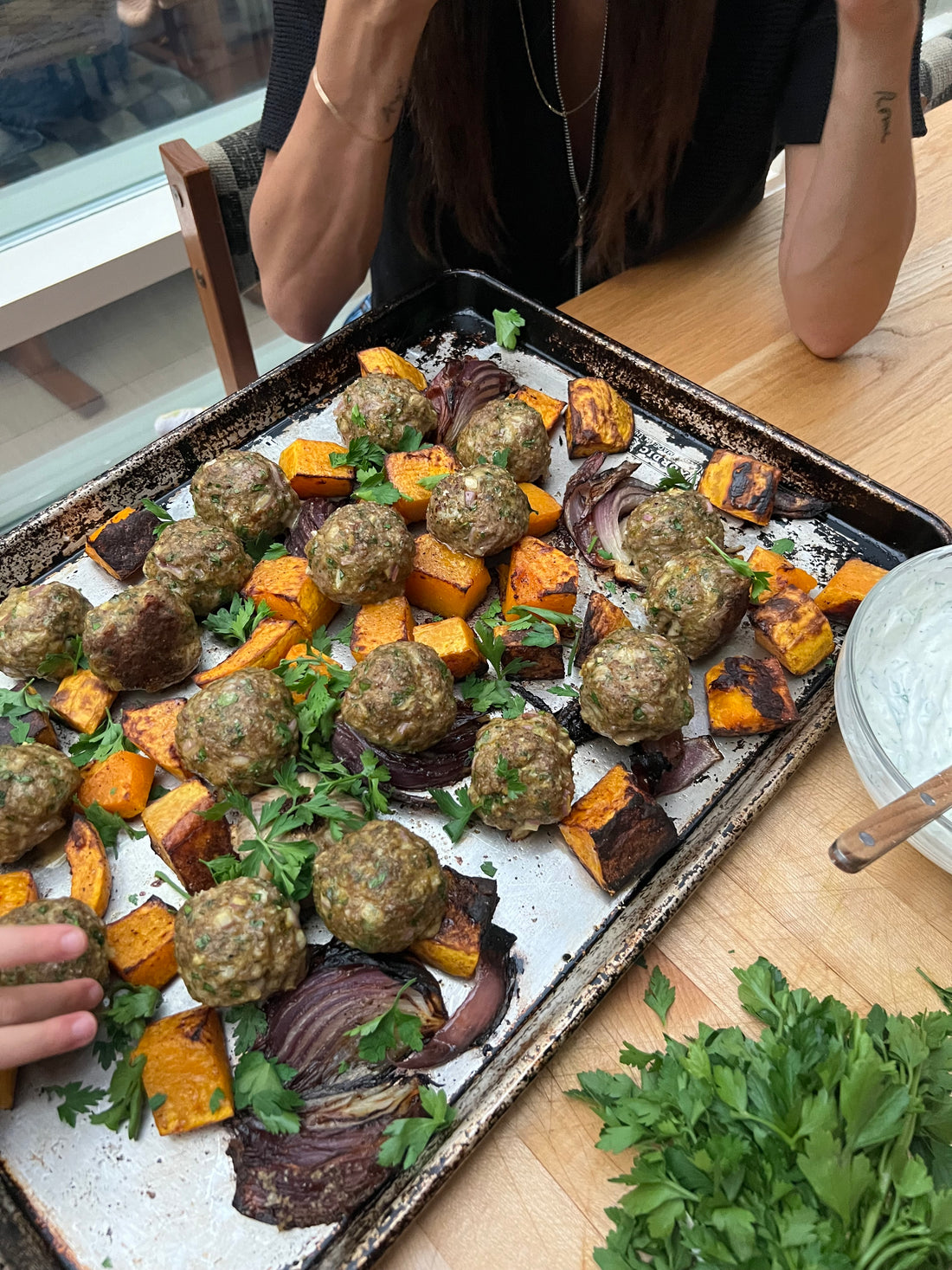 Sheet Tray Herbed Lamb Meatballs with Squash