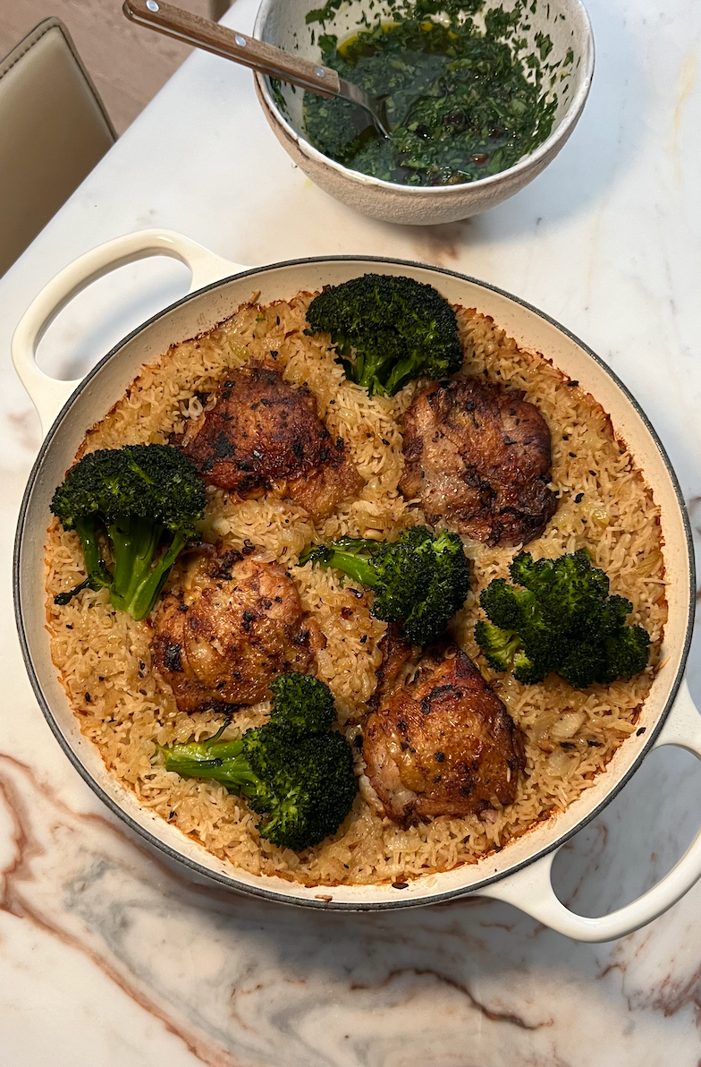 Chicken, Rice, and Broccoli with Parsley Date Gremolata